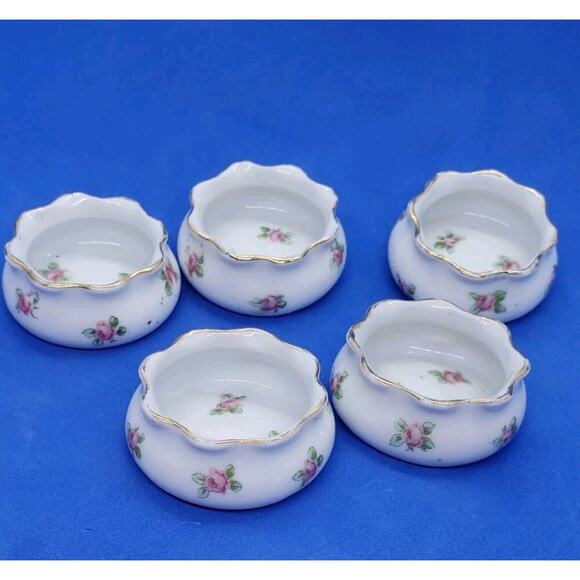 5 Antique Salt Cellar Server Tiny Bowl White Porcelain Pink Roses Austria Vtg - Picture 1 of 11